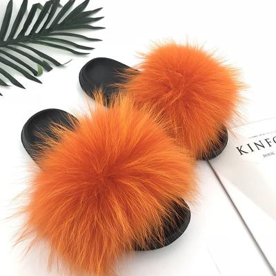 China Fashion Trend Ladies Summer Eva Sole Fluffy Slippers Luxury Furry Raccoon Fur Slides BRPC07 for sale