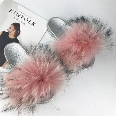 China Fashion trend BRPC11 fashion hair tip raccoon silver single solid fur slide custom made PVC logo for sale