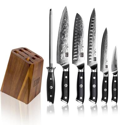 China Viable Yangjiang Kitchen Knives Set Stainless Steel Chef Slicing Santoku Tool Laser Pattern Knife Block Set Japanese Damascus Steel for sale