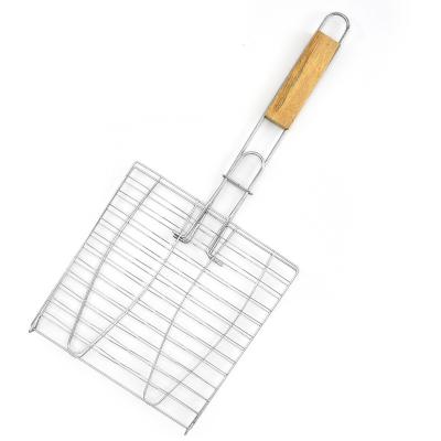 China Metal BBQ Tool Thicken Double Fish BBQ Mesh Grill Basket BBQ Rack BBQ Clip For Fish Wooden Handle for sale