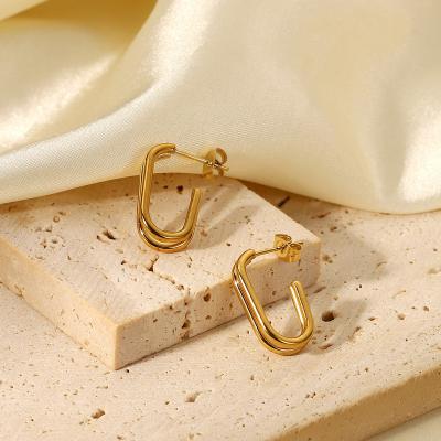 China Vintage JKC Fashion 18k Gold Plated Stainless Steel Circle Earrings Delicacy Titanium Double Line Geometric Earrings for sale