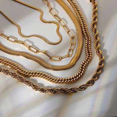 China Vintage JKC No MOQ Miami Rough Twisted Cuban Chain Necklace 18K Gold Plated PVD Stainless Steel Necklace Snake Rope For Lady for sale