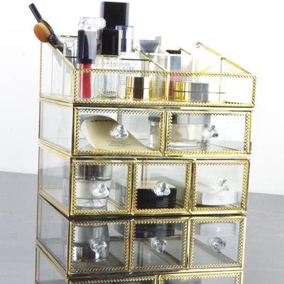 China Home& wedding decoration for storage box jewelry box lipstick holder desktop metal brass super luxury iron and organizer glass makeup for sale