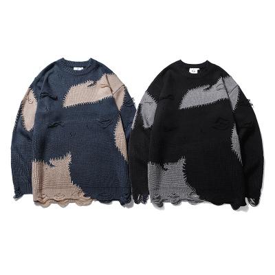 China Anti-wrinkle Color Matching Ripped Sweater Men's Hip-hop Street Style Loose Men's Retro Designer Pullover Sweater for sale