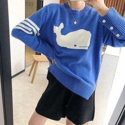 China Anti-wrinkle blue whale pullover sweater with four stripes college style striped round neck sweater for women for sale