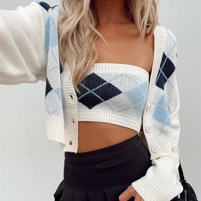 China Factory Customized OEM Anti-pilling Jacquard Knitted Sweater Women's Cardigan Two Piece Crop Top Vest for sale