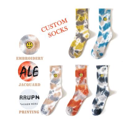 China Good Quality QUICK DRY OEM Customized Designer Custom Fashion Street Wear Hip Hop Mens Embroidered Jacquard Customize Logo Tie Dye Socks for sale