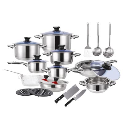 China Sustainable Hot Sale Household Cookware 25 Pcs 410 / 201 Stainless Steel Die Cast Aluminum Cookware Set With Milk Pot / Steamer / Pot / Knife for sale