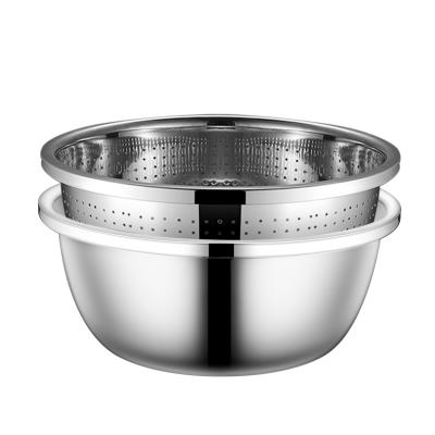 China Sustainable 2 Pcs Kitchen Cooking Sets 24 Cm Stainless Steel Soup Mixing Bowls And Colander Rice Strainer for sale