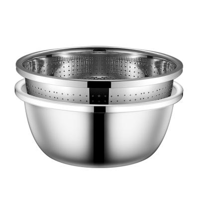 China Sustainable Kitchenware Stainless Steel Anti-Drop Colander Rice Sieve and Soup Pot Bowl Mixing Set for sale