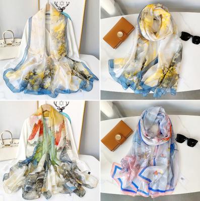 China Summer Classic Simulated Shawl Spring and Flower Thin Blue Breathable Sunscreen Silk Scarf for sale