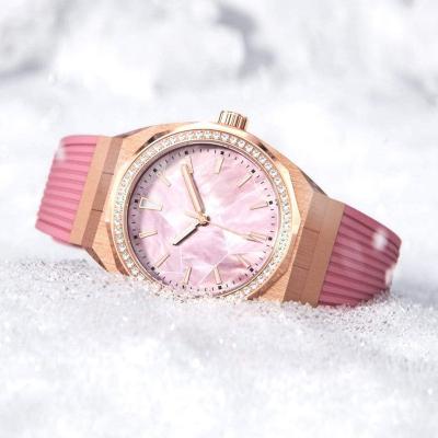 China Automatic Rose Dial Women's Date Stainless Steel Watches Female Lady Wrist Quartz Watch With Silicone Strap for sale