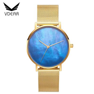 China High Quality Custom Made Women's Watch Mother Of Pearl Marble Watch Water Resistant Blue Logo Dial for sale