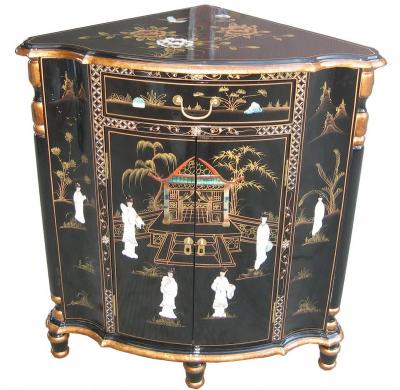 China Black Asian Art Oriental Lacquer Chinoiserie Mother Of Pearl Lacquer Furniture Home Customized Corner Cabinet for sale