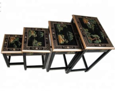 China Black Hand Painted Oriental Lacquer Art Furniture Solid Wood Asia Chinoiserie Nest Table for sale