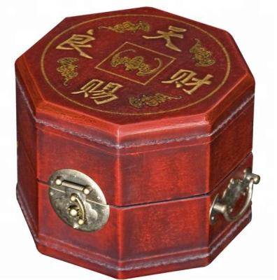 China Oriental Red Antique Leather Chinese Wood Hand Painted Art Lacquer Jewelry Box for sale