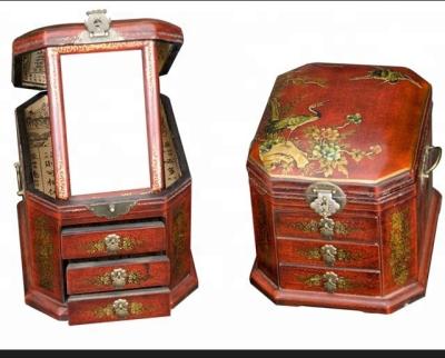 China Antique Hand Painted Art Phoenix Dragon Lacquer Oriental Jewelry Box Red Leather Wooden Fengshui for sale