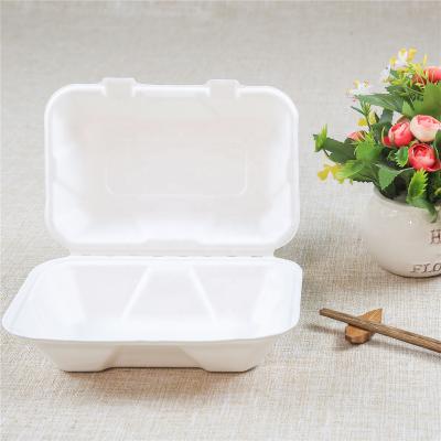 China Eco - Friendly Bagasse Lunch Box 3 Compartment Sugarcane Food Container / Disposable Clamshell for sale