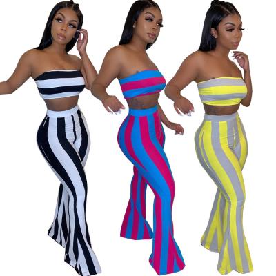 China LCt001 Hot Sale Womens Clothing Breathable Striped Two Piece Set Wrap Long Pants Front Set Cindy Color Bell Trousers for sale