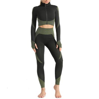 China New SP001 Breathable Seamless Knitted Hip Yoga Suit Sports Fitness Suit Long Sleeve Bra Top Pants 3 Piece Set Sport Wear Women Set for sale