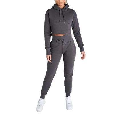 China Sustainable 2 Pc Cotton Polyester Crop Long Hoodie And Pants Sports Long Sleeve Sustainable Cotton Tracksuits for sale