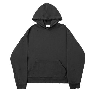 China Custom Anti-wrinkle Heavyweight Ripped Hoodie Wholesale Soild Vintage Distressed Hoodie for sale