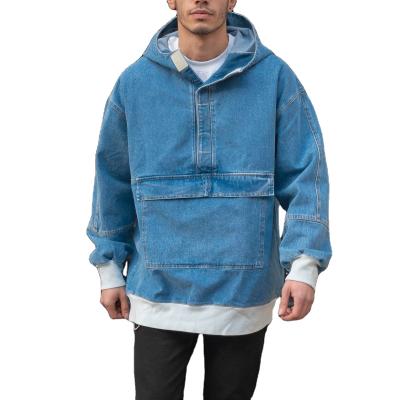 China Custom Anti-Wrinkle Fashion Crop Sweat Jean Denim Oversized Hoodie Unisex With Kangaroo Pocket In Blue for sale