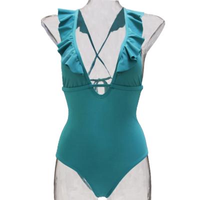 China 2020 Customs Sexy Logo Sky Blue V-neck Breathable One-piece Beachwear Womens Swimming Wear for sale