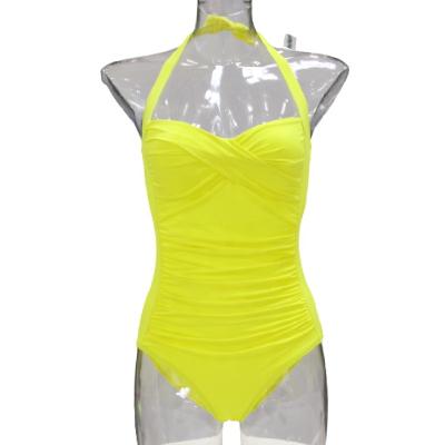 China Wholesale Halter One Piece Swimsuit Breathable Ruched Yellow Swimwear For Women for sale