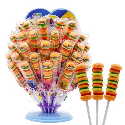 China Natural Hot Series Candy Fruit Burger Shape Gummy Sweet Candy Lollipop In Box for sale