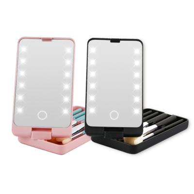 China LED Pocket Lighted Square Makeup Lighted Cosmetic Mirror With Makeup Brush Set for sale