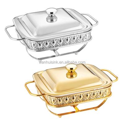 China Hotel/Kitchen/Restaurant Wedding Party 1.8L Shake Square Glass Food Warmer Copper Gold Glass Chafing Dish for sale