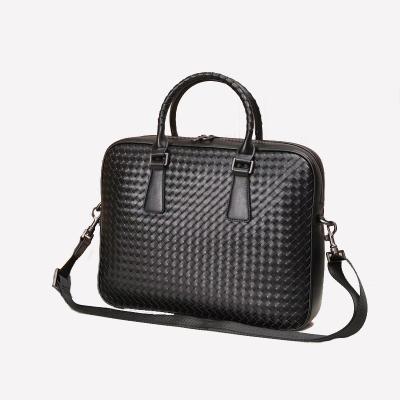 China Vintage briefcase leather woven horizontal men's business handbag with single-shoulder strap for office for sale