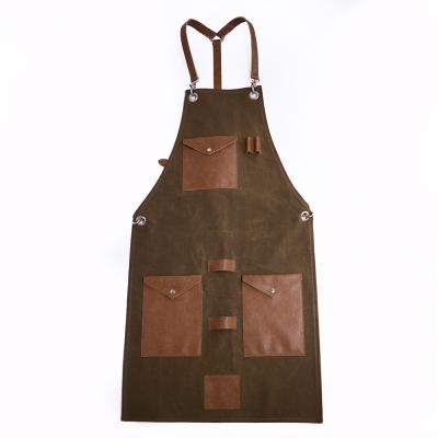 China Recyclable Professional Cotton Apron Waxed Leather Canvas Barber Apron With Multi Pockets for sale