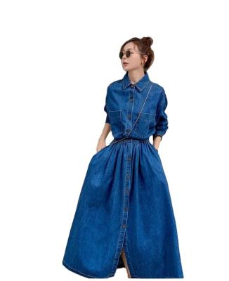 China Long stylish style denim anti-static dress with belt collar and lapel for outfit time for sale