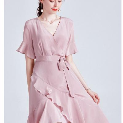 China New designers anti-static women's clothing anti-static women's clothing satin cross V collar belt leisure fashion pure silk dress for sale