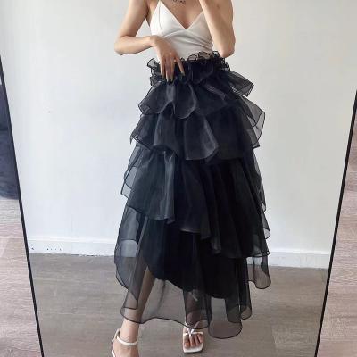 China ESSLIFE Anti-Static Original Women's Designers High-end Fashion Transparent Fluffy Lace Pleat Chiffon Skirts for sale