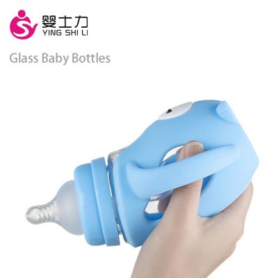 China BPA Free Glass Baby Bottles, Anti-Colic Breastfeeding Bottles With Quick Flow Nipple With Silicone Drop Protection Sleeve for sale