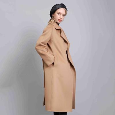 China Breathable Elegant Coat For Women Double Face Camel Woolen Cashmere Wool Warm Coat Female Luxury Formal Belt Long Coat for sale