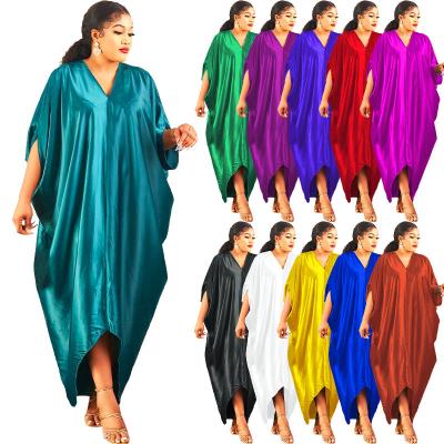 China Free Size Muslim Women V Neck Dress Summer Solid Color Plain Workable Designs African Islamic Woman Loose Dresses for sale