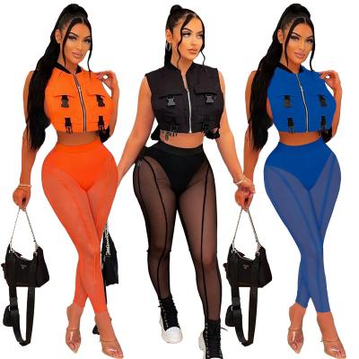 China 2022 New Spring Summer Fashion Women's Jacket Vest Waistcoat QUICK DRY Personality And Mesh Pants Commuter Ladies Two Piece Set for sale