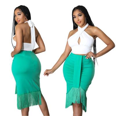 China Anti-pilling Women Two Sets Fashionable Halter Neck Crop Summer Skirt Two Piece Sets New Top Irregular Tassel Vest for sale