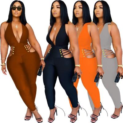 China 2022 Summer Nightclub Women's Anti-pilling Clothing Pants Set Sexy Halter Hollow One-piece Sleeveless Jumpsuits And Rompers For Women for sale