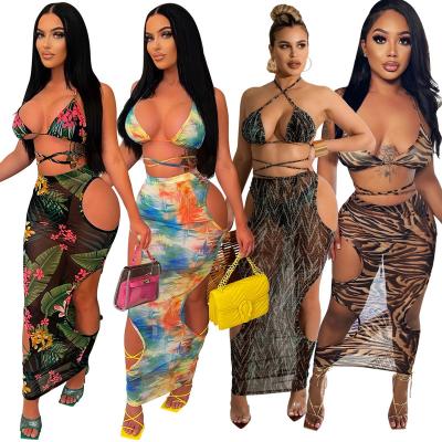 China Breathable Mesh Printed Sheer Hollow Three Piece Night Wear Sexy Women Club Long Skirts Set Women Summer Beach Wear Bikini 3 Pieces for sale