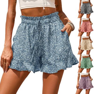 China Breathable 2022 Women's Shorts Print New Fashion Women's Chiffon High Waist Casual Ruffles Shorts Women's Seaside Vacation Abbreviations for sale