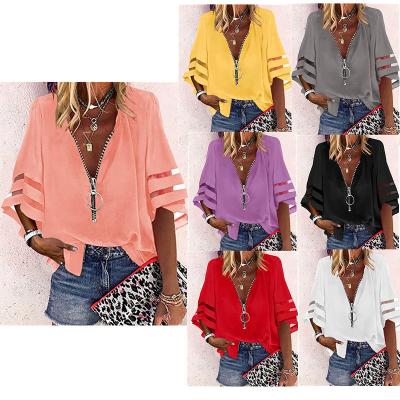 China 2022 New Fashion Women's Anti-pilling Chiffon V-Neck Zipper Shirts Half Flare Sleeves Patchwork Loose Casual T-Shirt For Women for sale