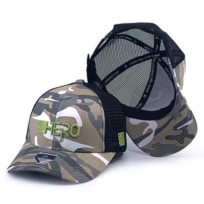 China COMMON Ready To Ship Hero Design 3D Embroidery Fashion Camouflage Mesh Trucker Hat for sale