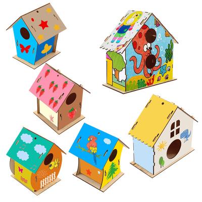 China DIY Breathable Wooden Handmade Children Painted Canary Parrot Bird Cage for sale