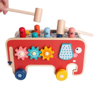 China Early Education Knocks Toys Wooden Elephant Toddler Multifunctional Percussion Stacking Platform Hammer Toy Car for sale