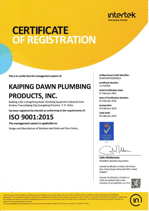 ISO9001 - Kaiping Dawn Plumbing Products, Inc.